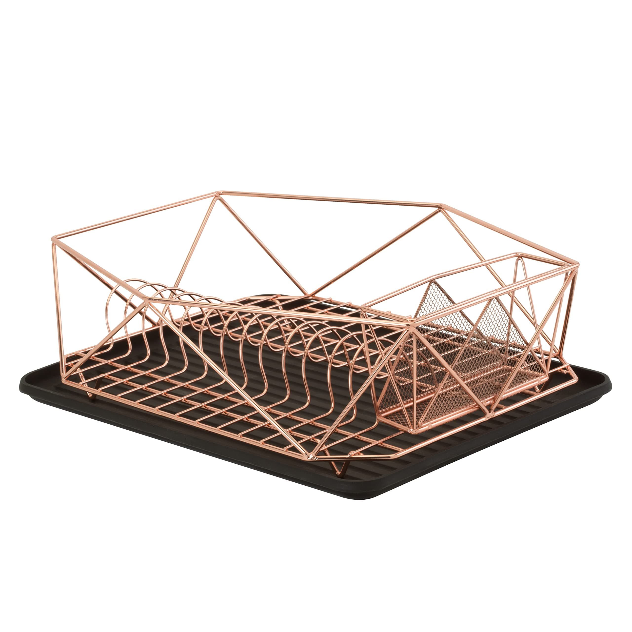 Geode Deluxe Dish Drying Rack with Drain Board | Cutlery Basket | Utensil Holder | Iron Frame | Copper