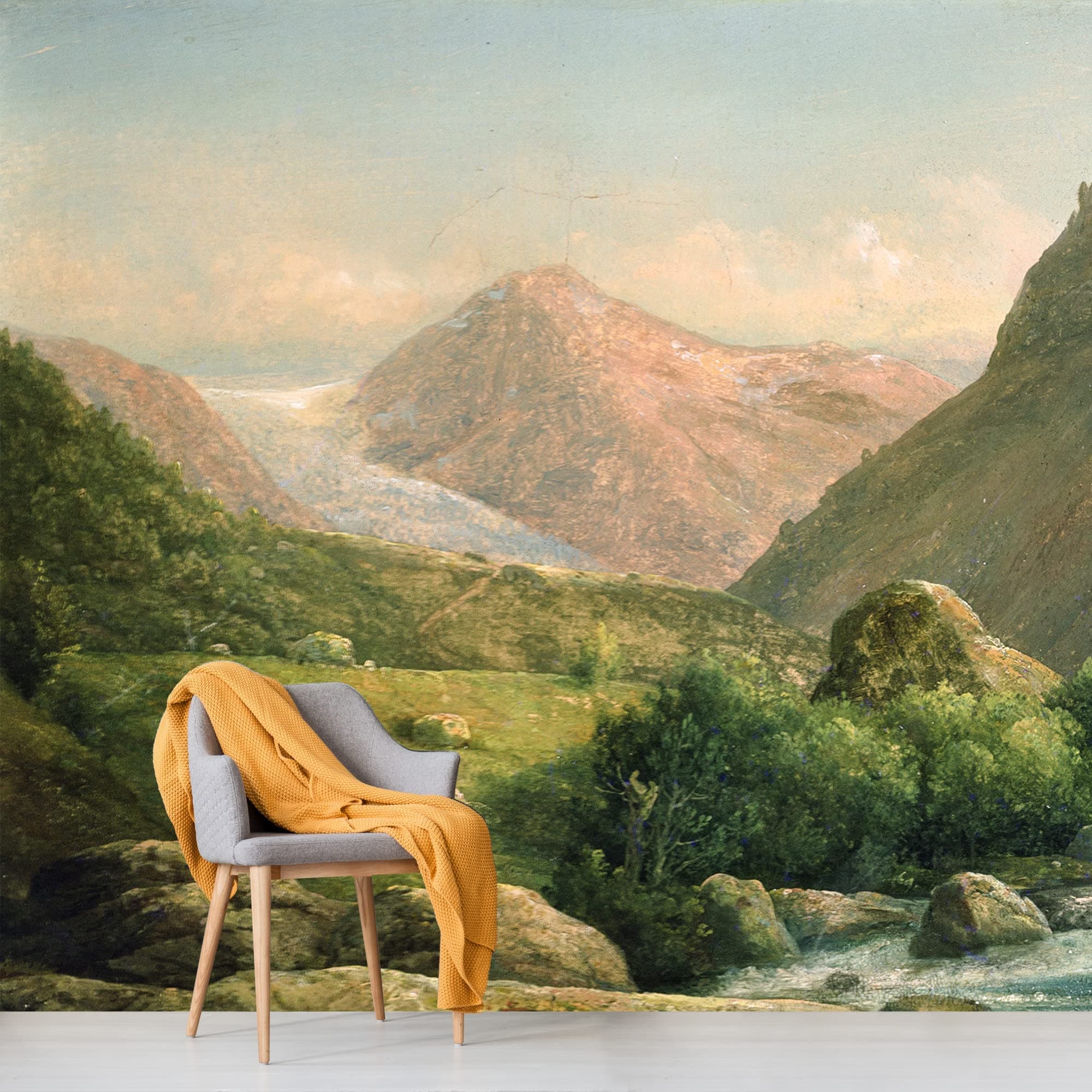 IDEA4WALL Removable Wall Sticker/Wall Mural Scenic Mountain Range Valley River Nature Wilderness Illustrations Fine Art Farmhouse/Country Landscape Rustic for Living Room, Bedroom, Office - 100"x144"