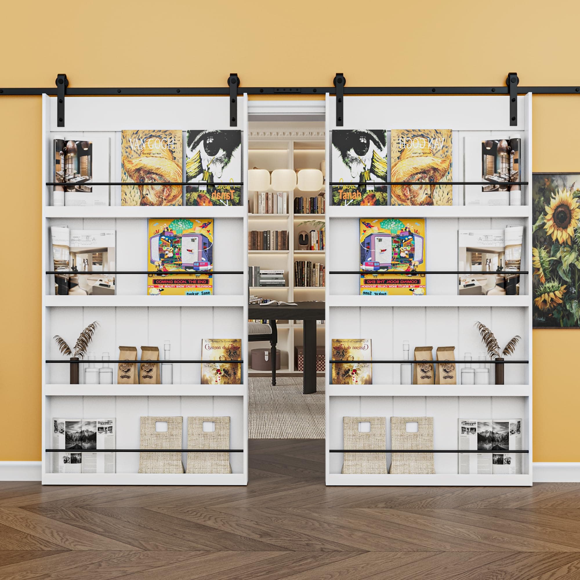 Paintable 84in x 84in Barn Door with 14FT Hardware Kit Included, Solid MDF Wood 8-Shelf Storage Shelves Style Sliding Barn Door, Easy Install, Interior Kitchen Pantry Bathroom Home Office Door