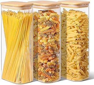 ComSaf 2.1L Rectangle Glass Storage Containers with Lids, Glass Jars with Bamboo Lids, Clear Food Storage Jar, Tall Spaghetti Container, Pantry Storage Container for Pasta Flour Oats Nuts Rice