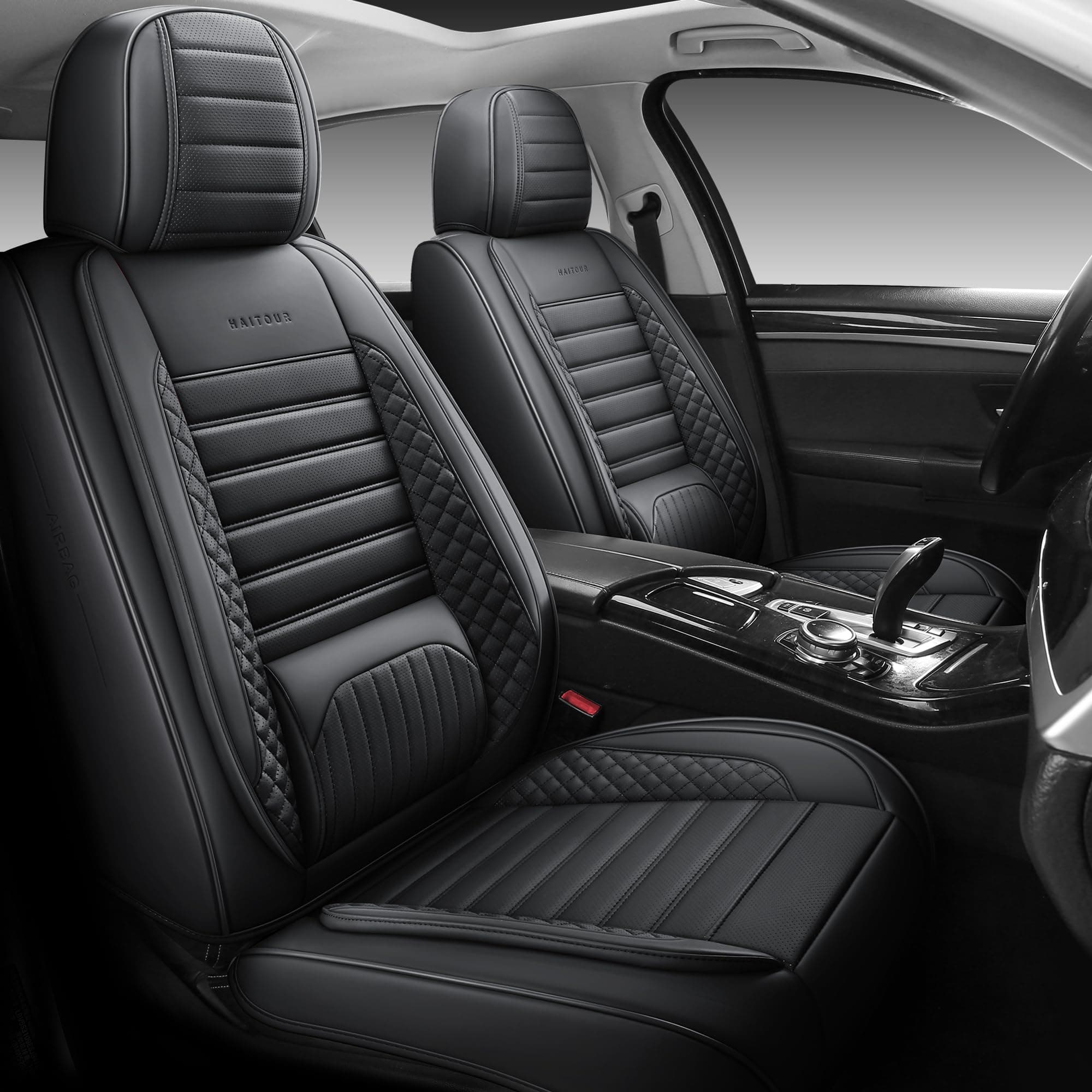 Full Coverage Leather Car Seat Covers Full Set Universal Fit for Most Cars Sedans Trucks SUVs with Waterproof Leatherette in Automotive Seat Cover Accessories (Black)