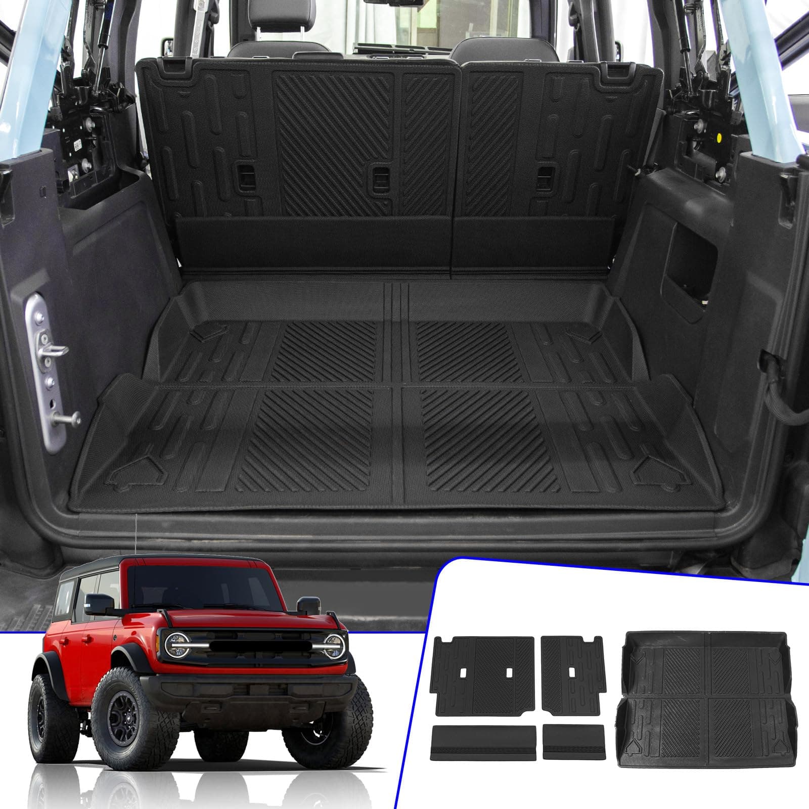 Cargo Mat Compatible with 2021-2025 2026 Ford Bronco 4 Door Trunk Mat Cargo Mat Cargo Liner Back Seat Cover Protector 2025 Bronco Accessories (Trunk Mat+Backrest Mats)