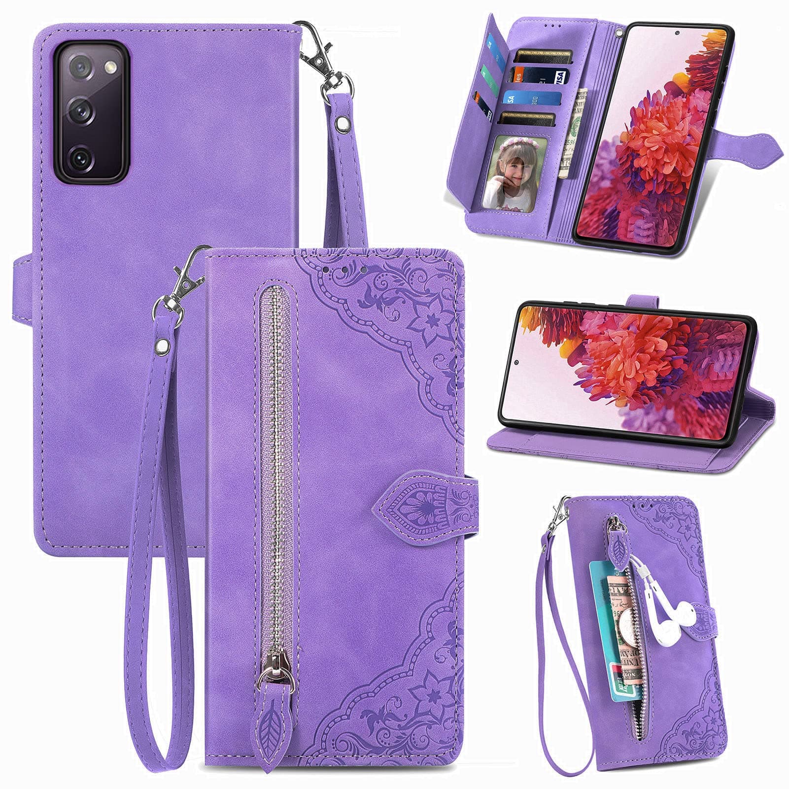 Furiet Compatible with Samsung Galaxy S20 FE 5G 6.5 inch Wallet Case with Wrist Strap Lanyard Leather Flip Card Holder Stand Phone Cover for S 20 EF UW S20FE5G S20FE 20S S2O Fan Edition 4G G5 Purple