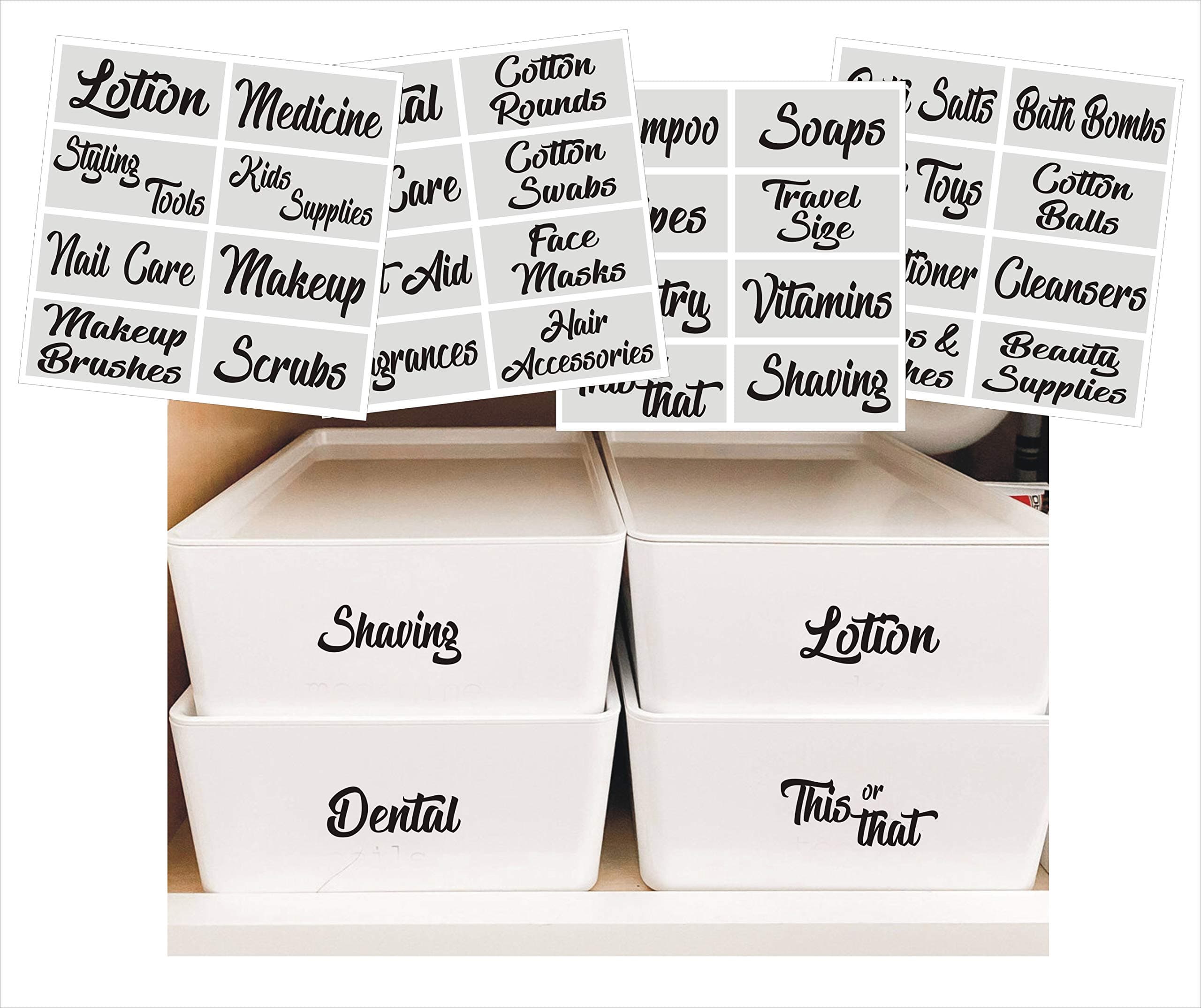 Premify Bath Labels – Beauty & Makeup Preprinted Sticker. Water Resistant Clear Vinyl Label (Set of 32 – Black Script Bathroom Stickers)