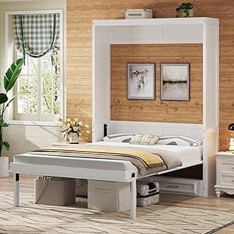 Merax Modern Full Size Murphy Bed with 2 Drawers, Space Saving Wall Bed Foldable into Wardrobe, Solid Pine Wood Frame, No Box Spring Needed, Beige