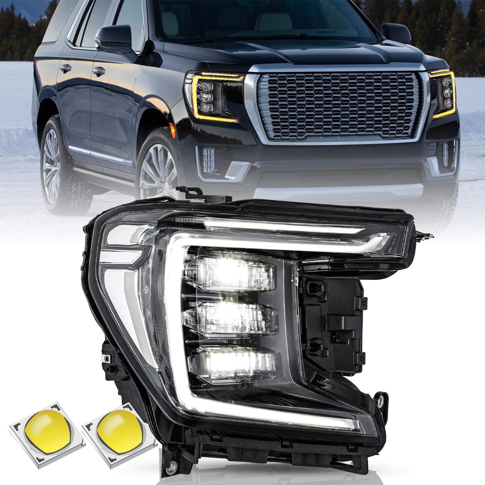 Full LED Headlight Assembly Set for 2021 2022 2023 2024 GMC Yukon/Yukon XL DENALI/AT4 OEM Headlamp Replacement RH (Right/Passenger Side)