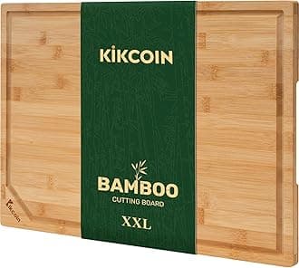 Kikcoin 20”×14” Bamboo Cutting Boards for Kitchen, Wooden Healthy Cutting Boards for Charcuterie, Vegetables, Cheese, Bread, Extra Large Chopping Boards with Deep Juice Groove and Handle, Natural