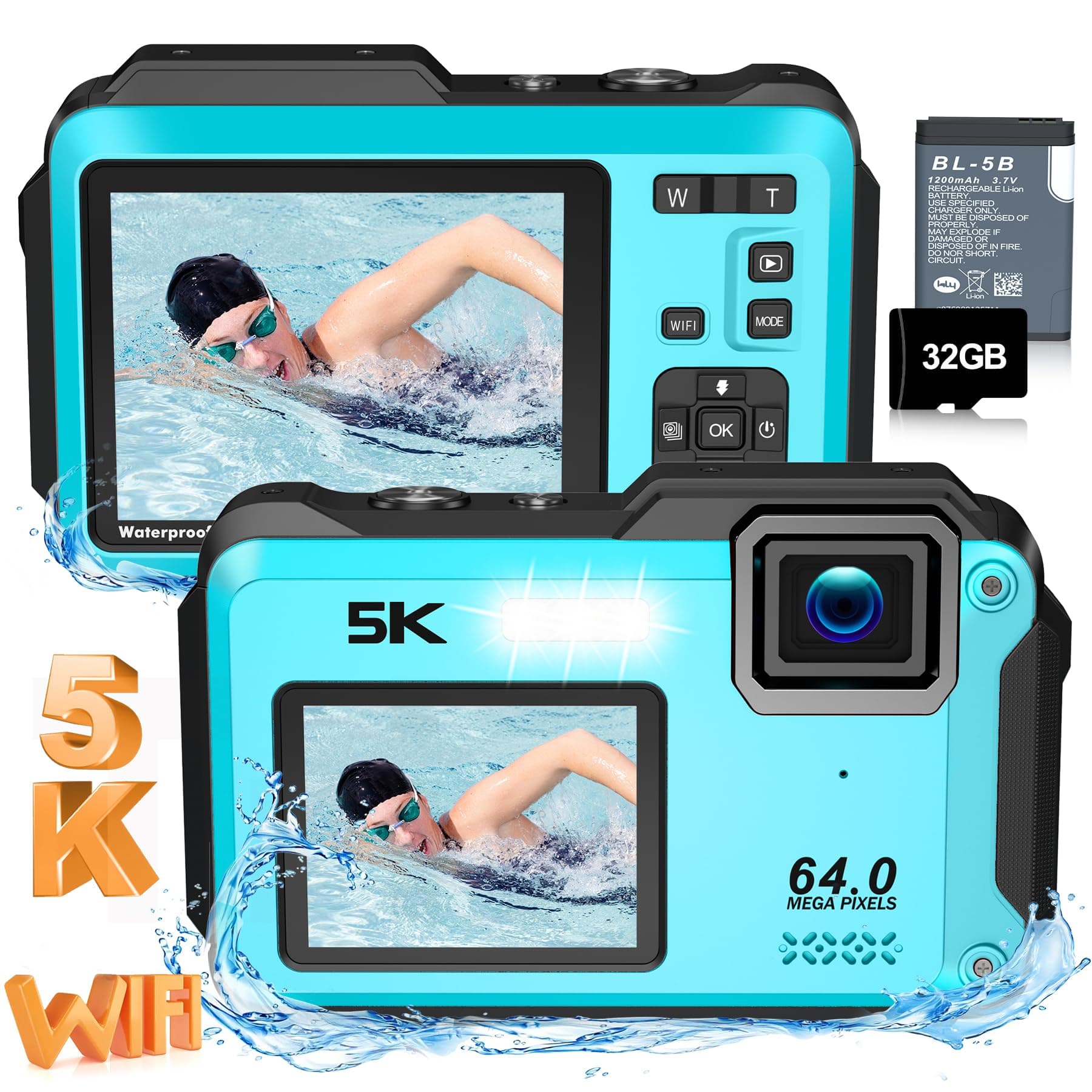 Underwater Camera 5K 64MP 16FT Waterproof Digital Camera with WiFi Connection 16X Digital Zoom IPS Dual-Screen(2.8"/2") Selfie Waterproof Camera for Snorkeling with 32GB Card Blue