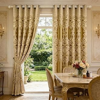 1 Panel Double-Layer European Curtain Grommet Top Floral Jacquard Voile Curtain Plus Gold Blackout Curtain Drape for Living Room Bedroom Balcony