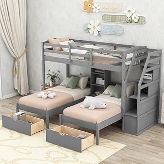 Merax Twin Over Twin&Twin Bunk Bed, Triple Bunk Bed with Drawers, Staircase with Storage, Built-in Shelves, Gray
