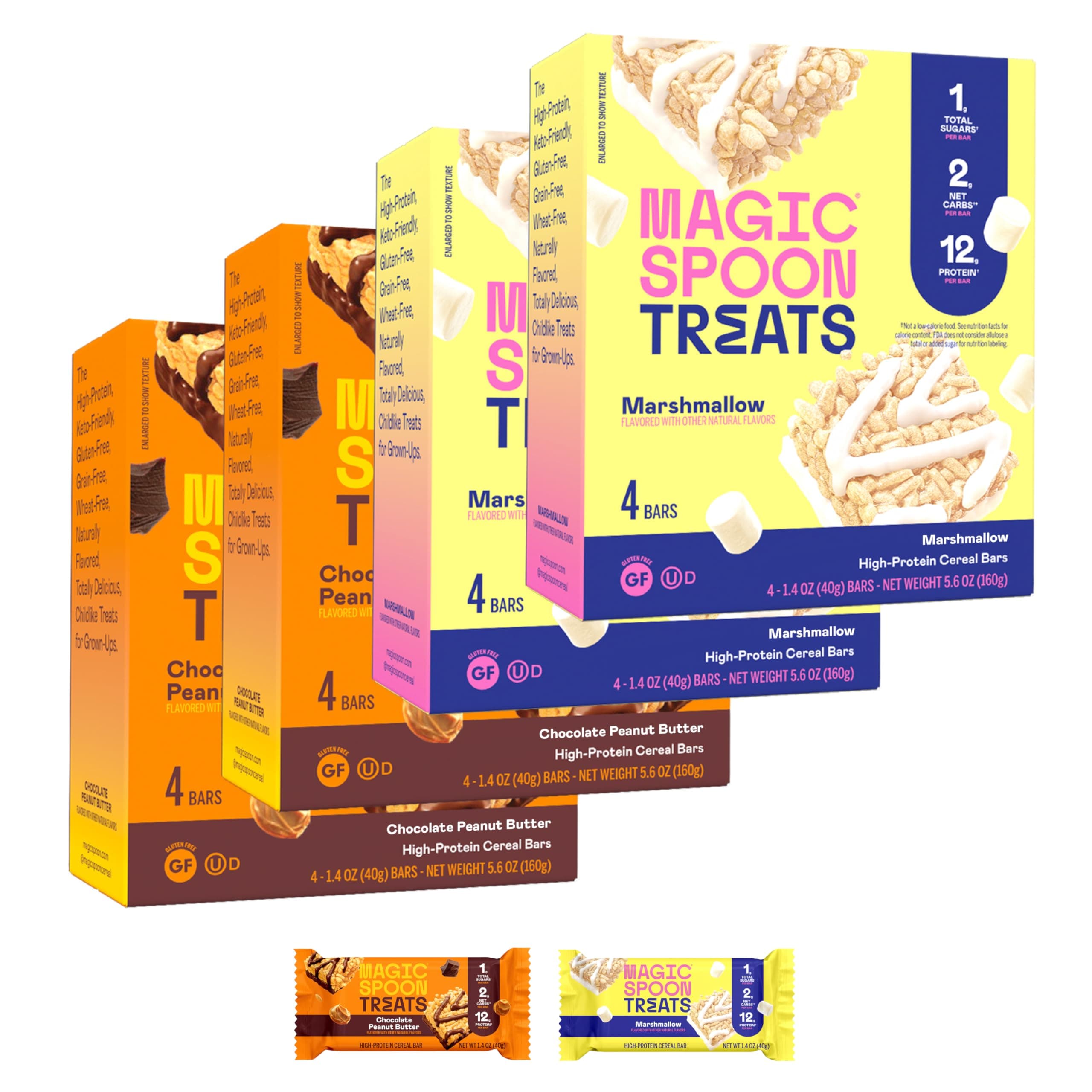 Magic Spoon Treats - 16 Gluten Free Protein Bars: 8 Chocolate Peanut Butter & 8 Marshmallow - High Protein Gluten Free Snack - Sugar & Grain Free Protein Cereal Bar - Low Carb & Keto Friendly