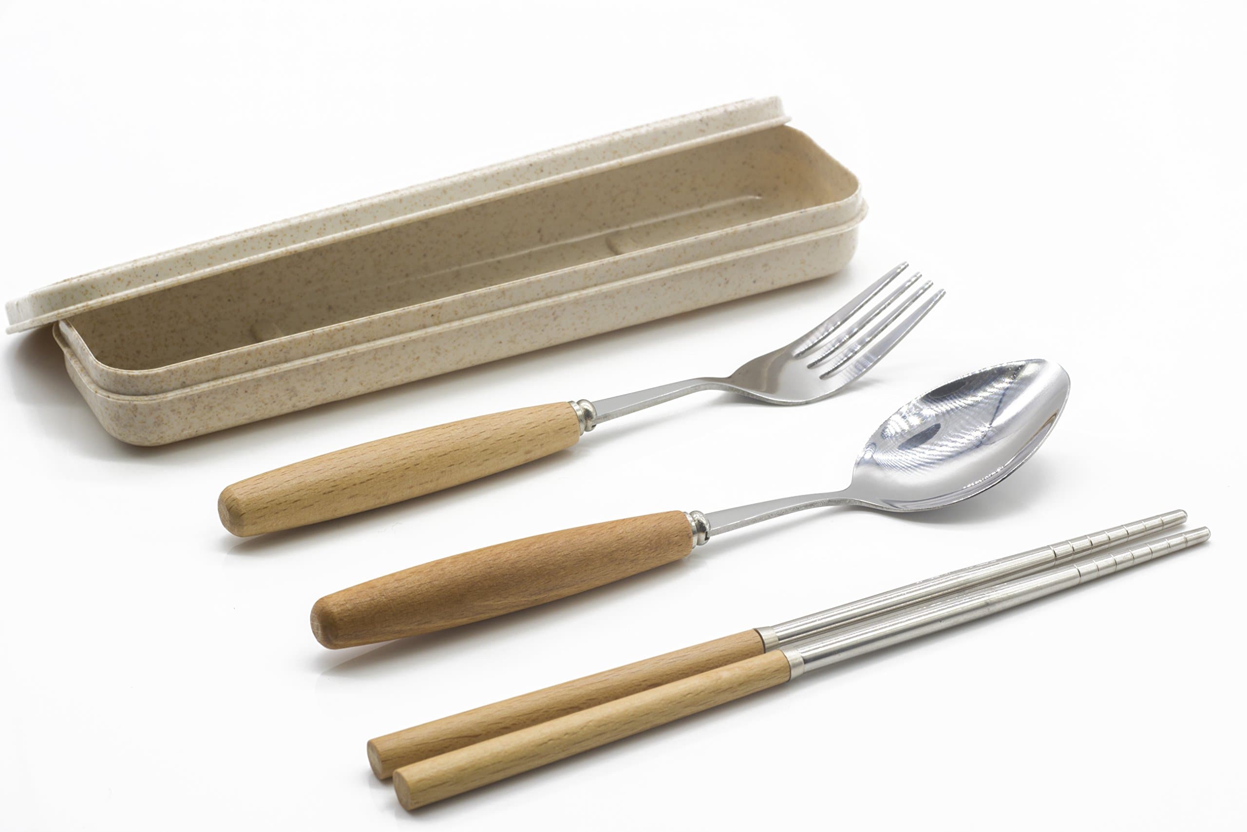 Portable Reusable Flatware Set, Camping Cutlery Set with Waterproof Travel Case 3 PCS 304 Stainless Steel Chopsticks Fork Spoon for Outdoor Picnic Hiking, Heat Resistant Handle Flatware Set Safe