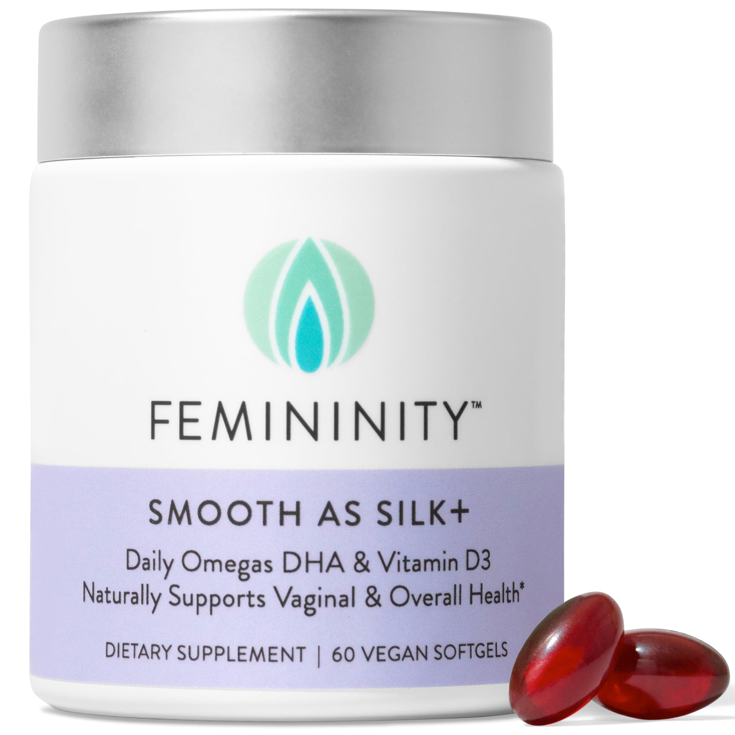 Smooth as Silk+ 30-Day Starter Kit for Vaginal Dryness (60 Softgels & Refillable Glass Jar) – Blend of Sea Buckthorn Oil, Vitamin D3 and Plant-Based Omega-3 DHA