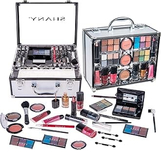 Carry All Trunk Makeup Train Case with Re-usable Aluminum Beauty Storage Organizer Case. Make up Set with Eye palettes, Blushes,Face Powders, Manicure, Pedicure and Cosmetics Brushes. GIFT SET