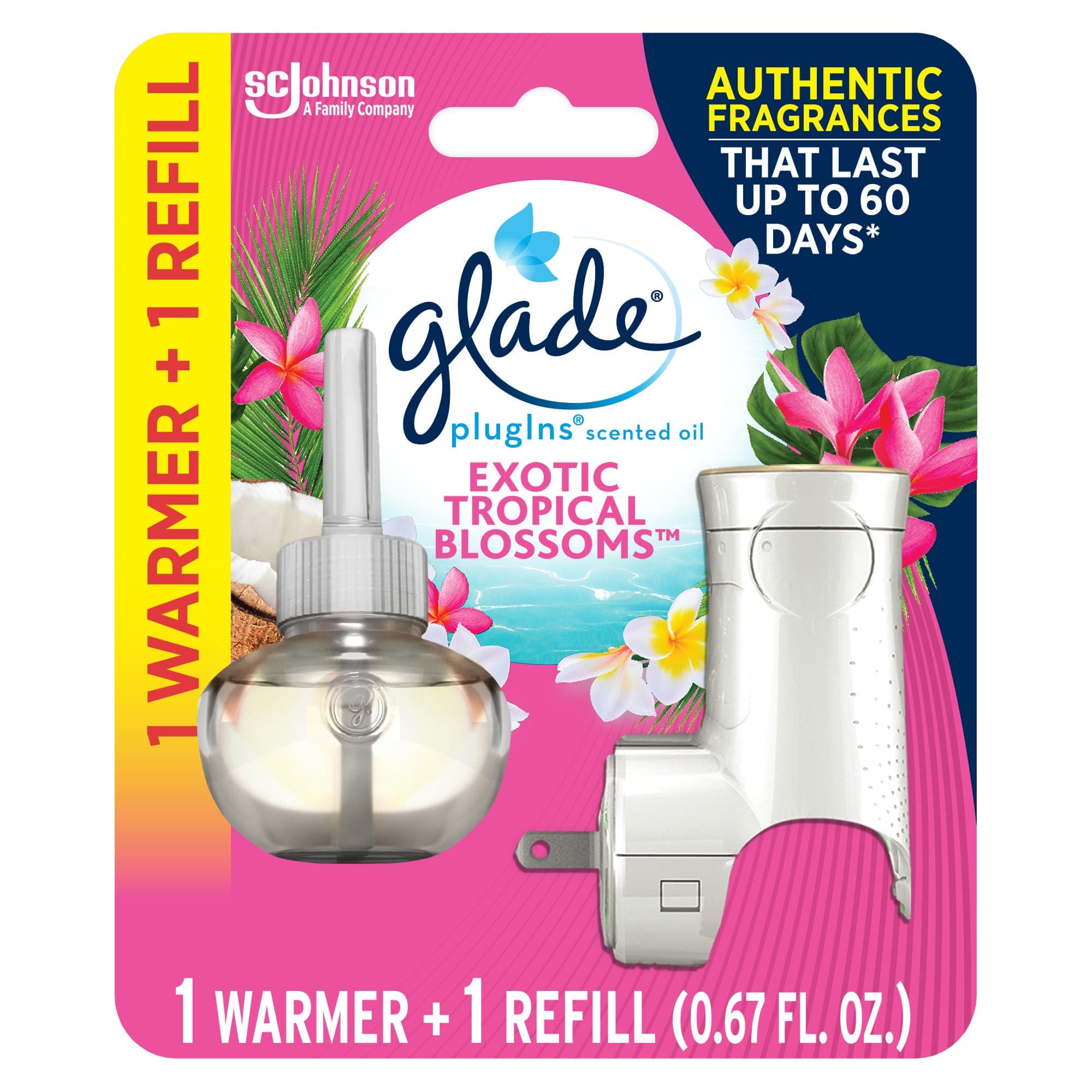 Glade PlugIns Refills Air Freshener Starter Kit, Scented and Essential Oils for Home and Bathroom, Exotic Tropical Blossoms, 0.67 Fl Oz, 1 Warmer + 1 Refill