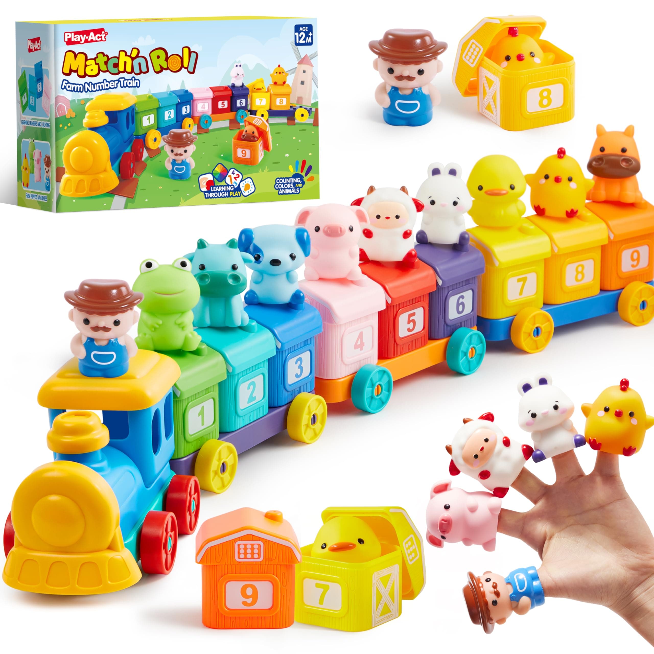 Play-Act Montessori farm train for counting, combining and sorting, includes 9 farm animals and 1 farmer, learning for children 1-3 years old