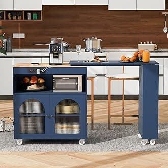 LUMISOL Rolling Kitchen Cart with Extended Table, Kitchen Island on Wheels with LED Lights & Power Outlets, Side Table with 3 Open Shelves and 2 Fluted Glass Doors, Navy