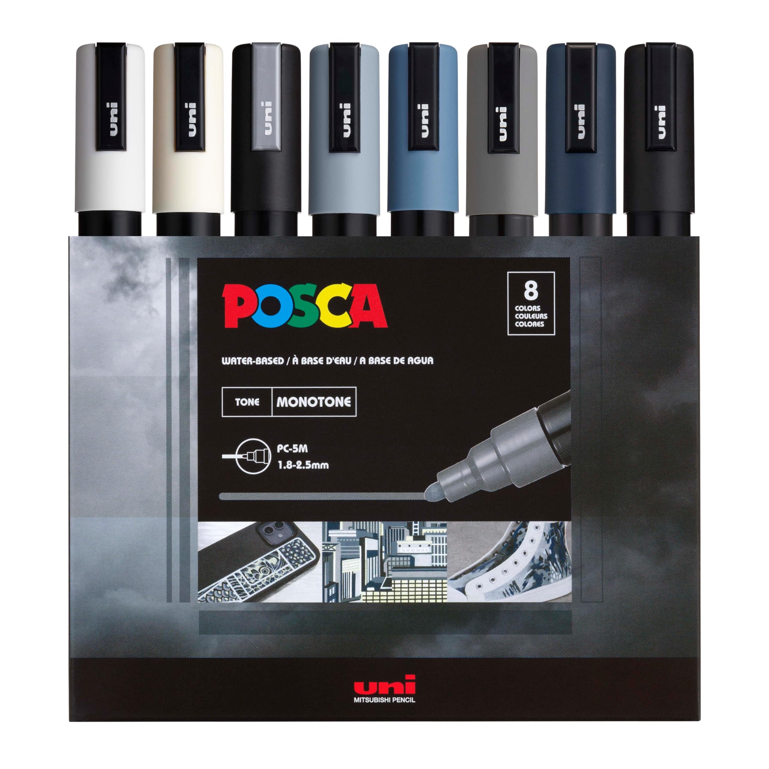 Markers Set, 8 Medium Paint Markers 5M – Mono Tone – White, Ivory, Silver, Grey, Navy Blue, Black