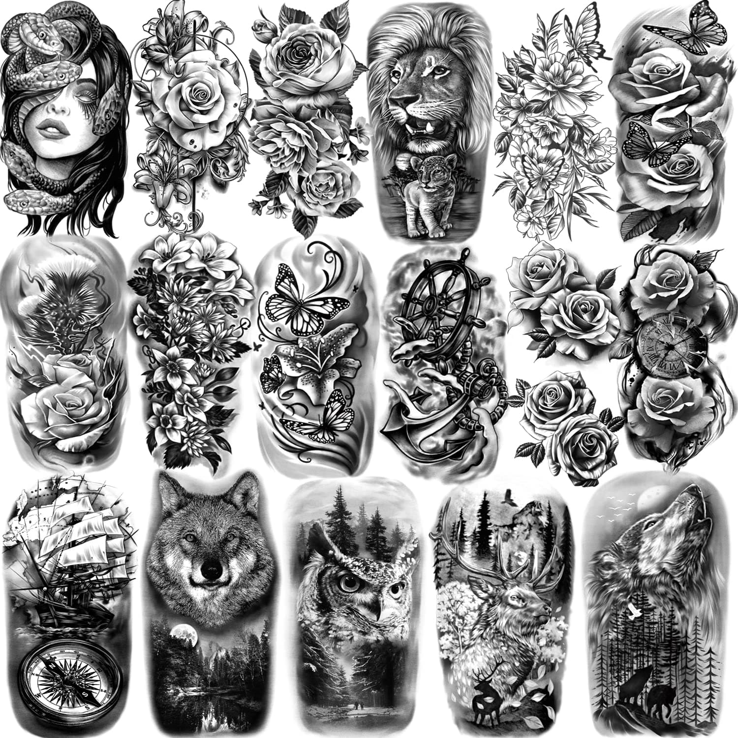 Temporary Tattoo for Women and Men, 77 Sheets Realistic Temporary Tattoos Lion Wolf Owl Elk Snake Butterfly Rose for Girls Boys, Waterproof Half Arm Fake Tattoos for Adults Chest Shoulder Neck Hand