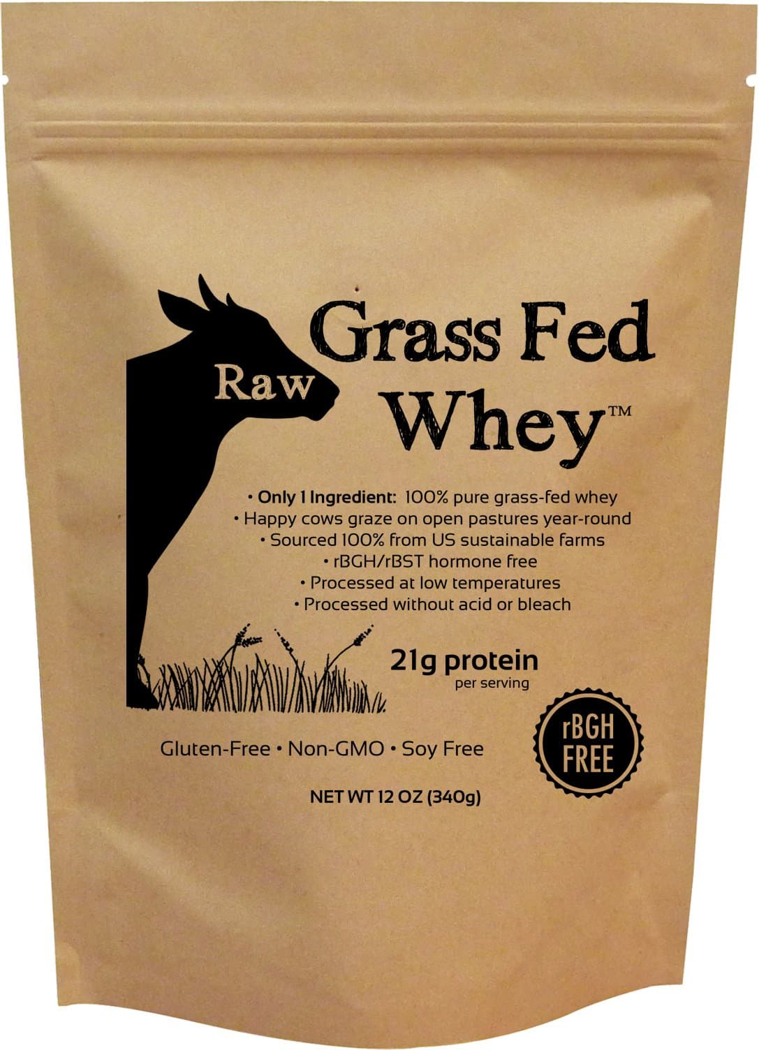 Raw Grass Fed Whey - Happy Healthy Cows, COLD PROCESSED Undenatured 100% Grass Fed Whey Protein Powder, GMO-Free + rBGH Free + Soy Free + Gluten Free + No Added Sugar, Unflavored, Unsweetened (12 OZ)