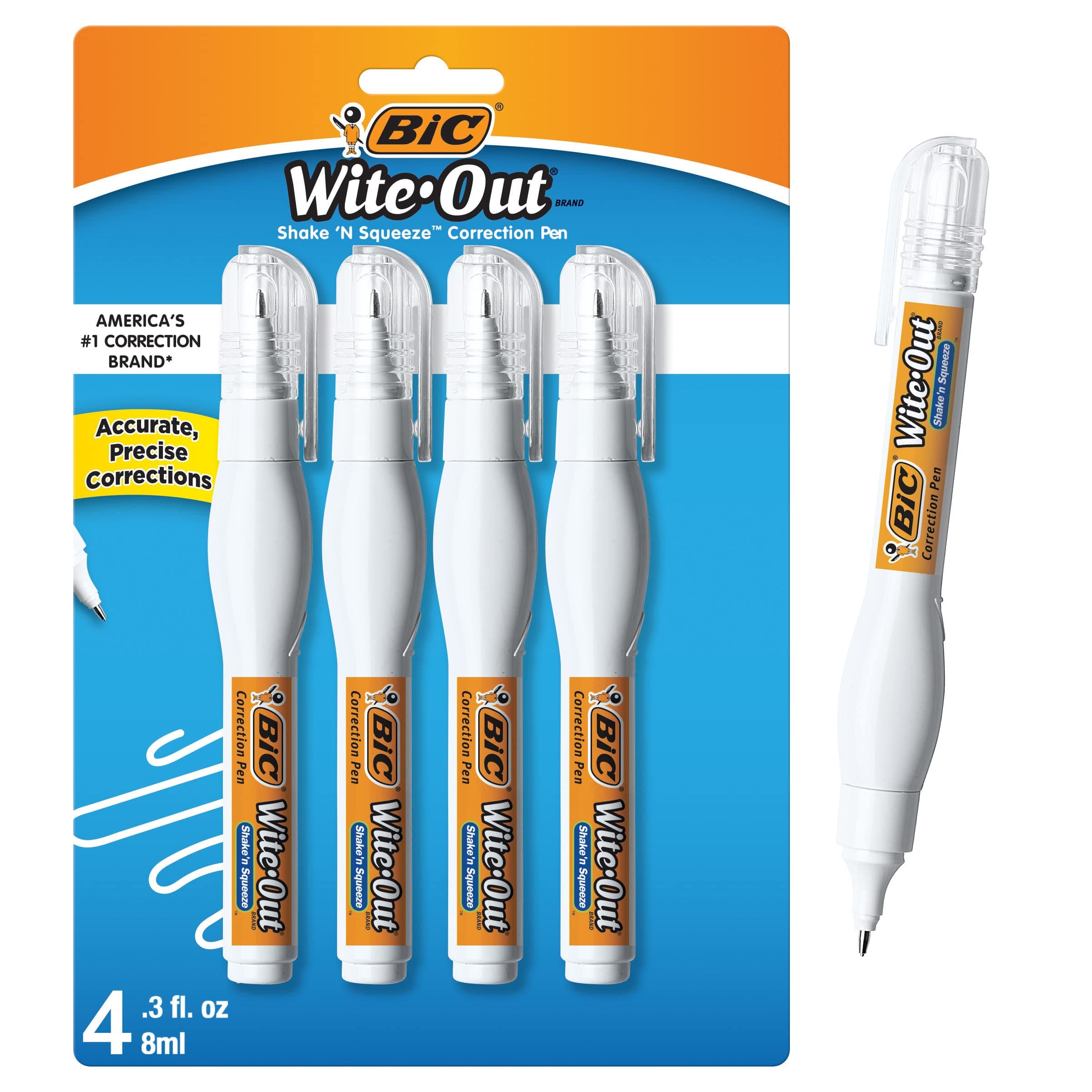 Wite-Out Brand Shake 'n Squeeze Correction Pen, 8 ML Correction Fluid, 4-Count Pack of white Correction Pens, Fast, Clean and Easy to Use Pen Office or School Supplies