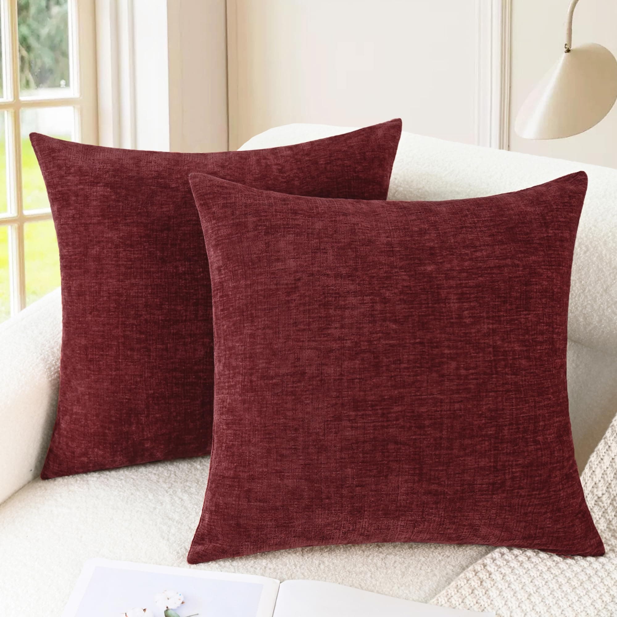 CaliTime Pack of 2 Cozy Throw Pillow Covers Cases for Couch Sofa Home Decoration Solid Dyed Soft Chenille 50cm X 50cm Burgundy