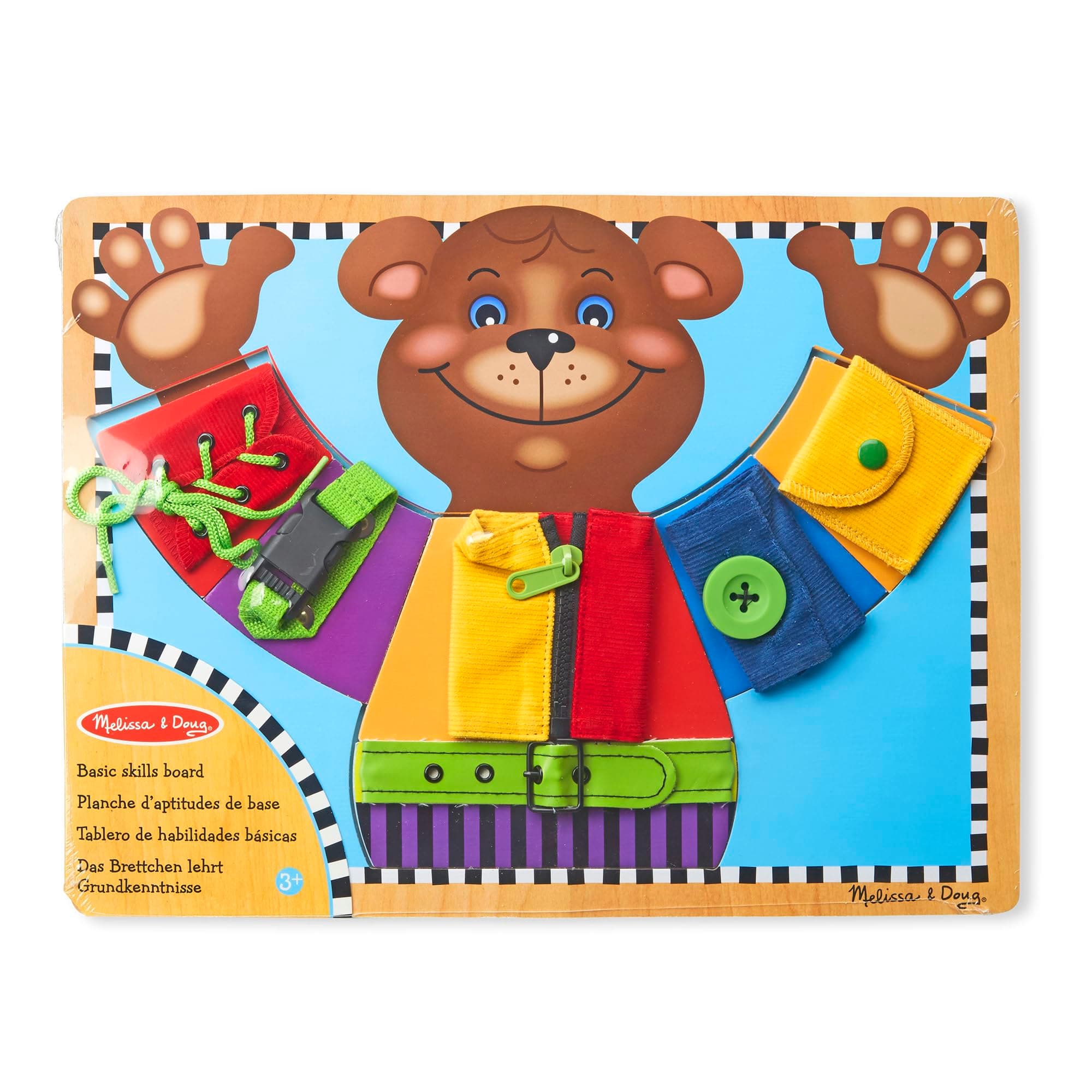 Basic Skills Board – Wooden Dress-Up Activity Board with Zipper, Snap, Buckle, Tie, Button & More – Fine Motor Skill Development & Life Skills Toy for Kids Ages 3+ | MD3784