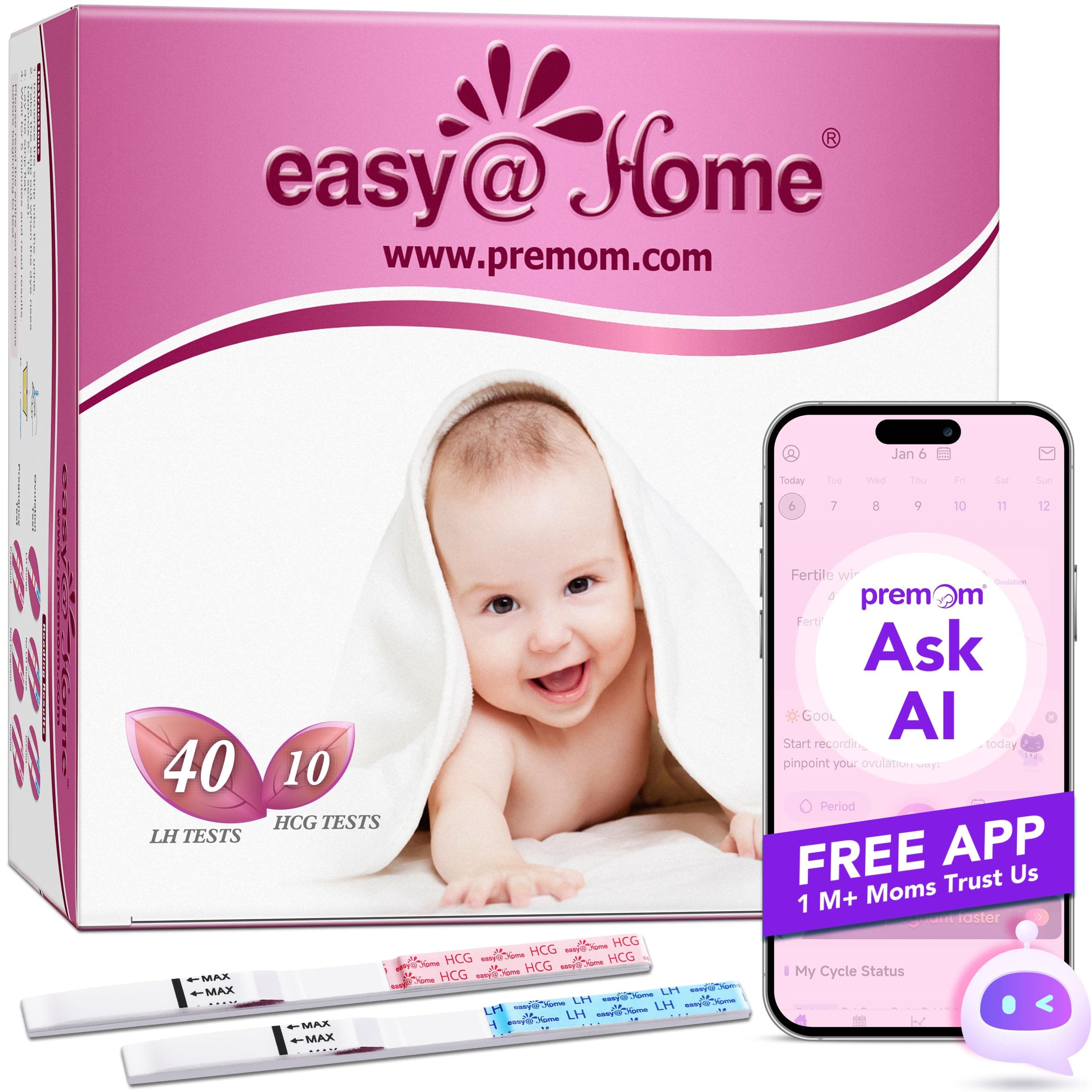 Ovulation Test Strips Powered by Premom Ovulation Predictor APP, FSA Eligible, 40 Ovulation Test and 10 Pregnancy Test Strips, 40LH +10HCG | Package May Vary