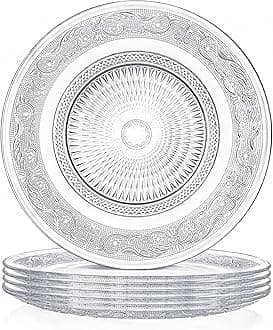 6 Pack 10 Inch Large Glass Dinner Plate, Clear Round Serving Plate Vintage Embossed Dinnerware for Salad, Pasta, Fruits
