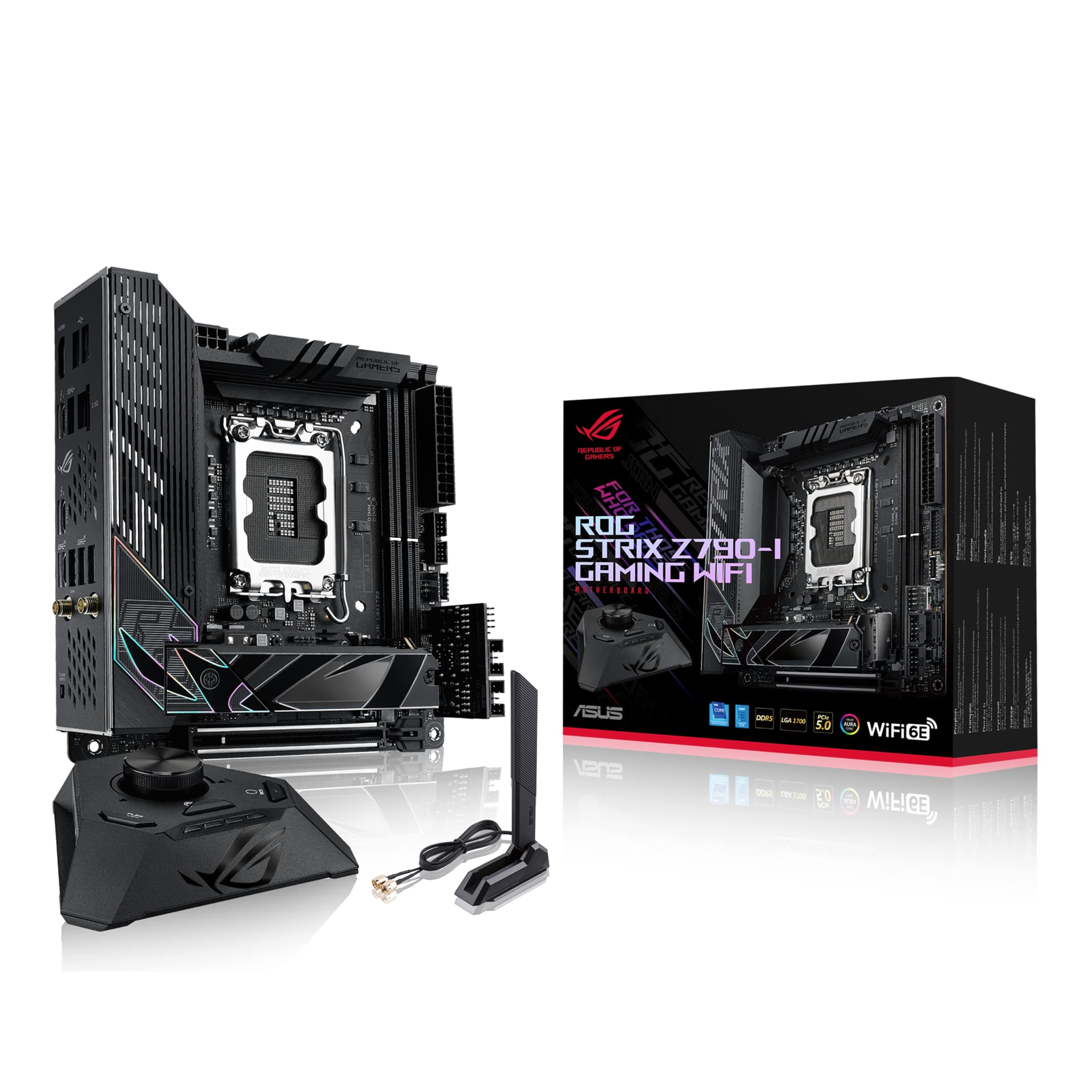 ROG Strix Z790-I Gaming WiFi Intel® Z790 LGA 1700 Mini-ITX motherboard, 10 + 1 power stages, DDR5, two M.2 slots, PCIe® 5.0, WiFi 6E, Thunderbolt™ 4, and USB 3.2 Gen 2x2 Type-C®