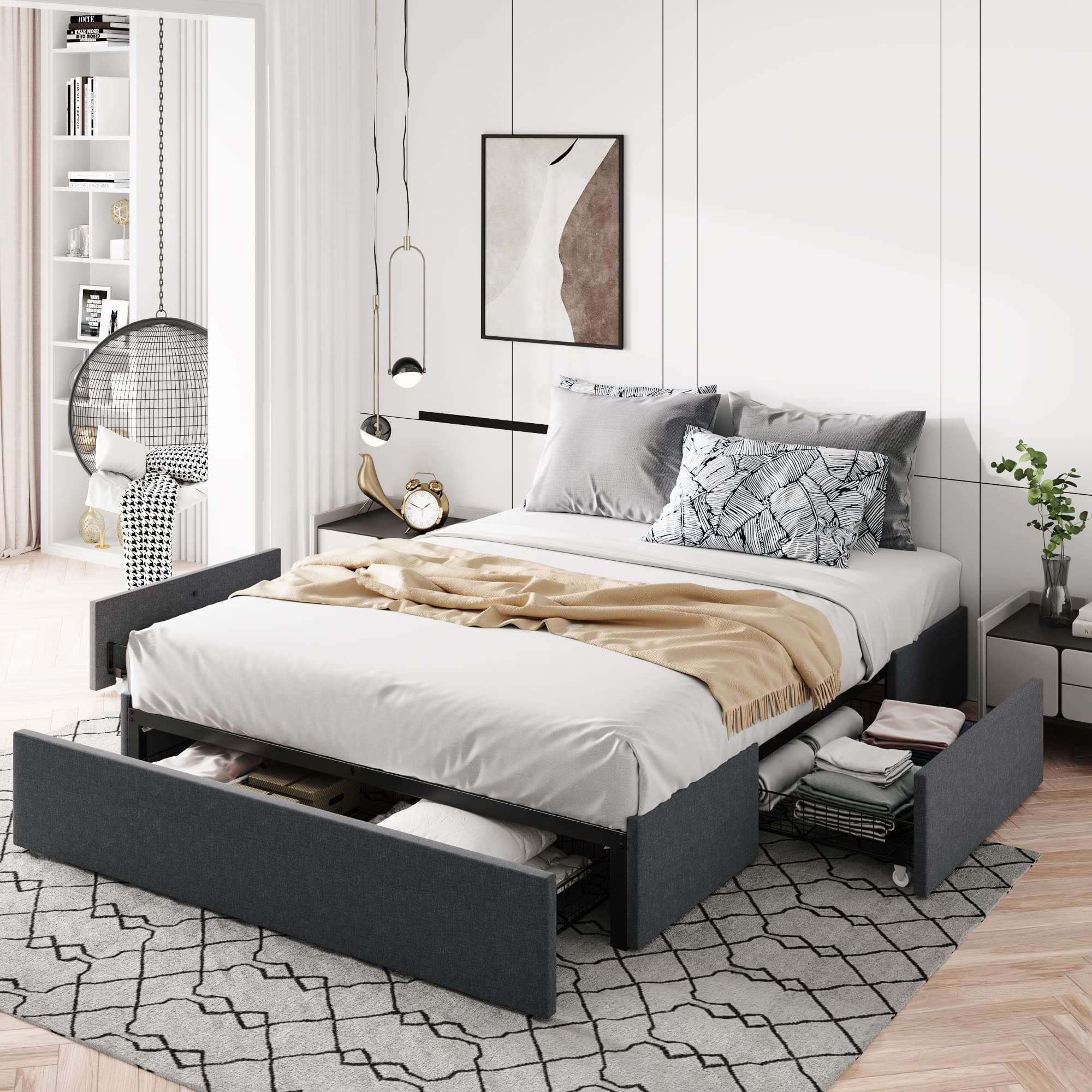Queen Size Platform Bed Frame with 3 Storage Drawers, Fabric Upholstered, Wooden Slats Support, No Box Spring Needed, Noise Free, Easy Assembly, Dark Grey