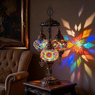 mozaist Tiffany Style Turkish Stained Glass Table Lamp, 3 Globe Mosaic Moroccan Desk Light, Bohemian Vintage Bedroom Nightstand, Antique Handmade Rustic Decor Colorful Lighting (Cappadocia Balloon)