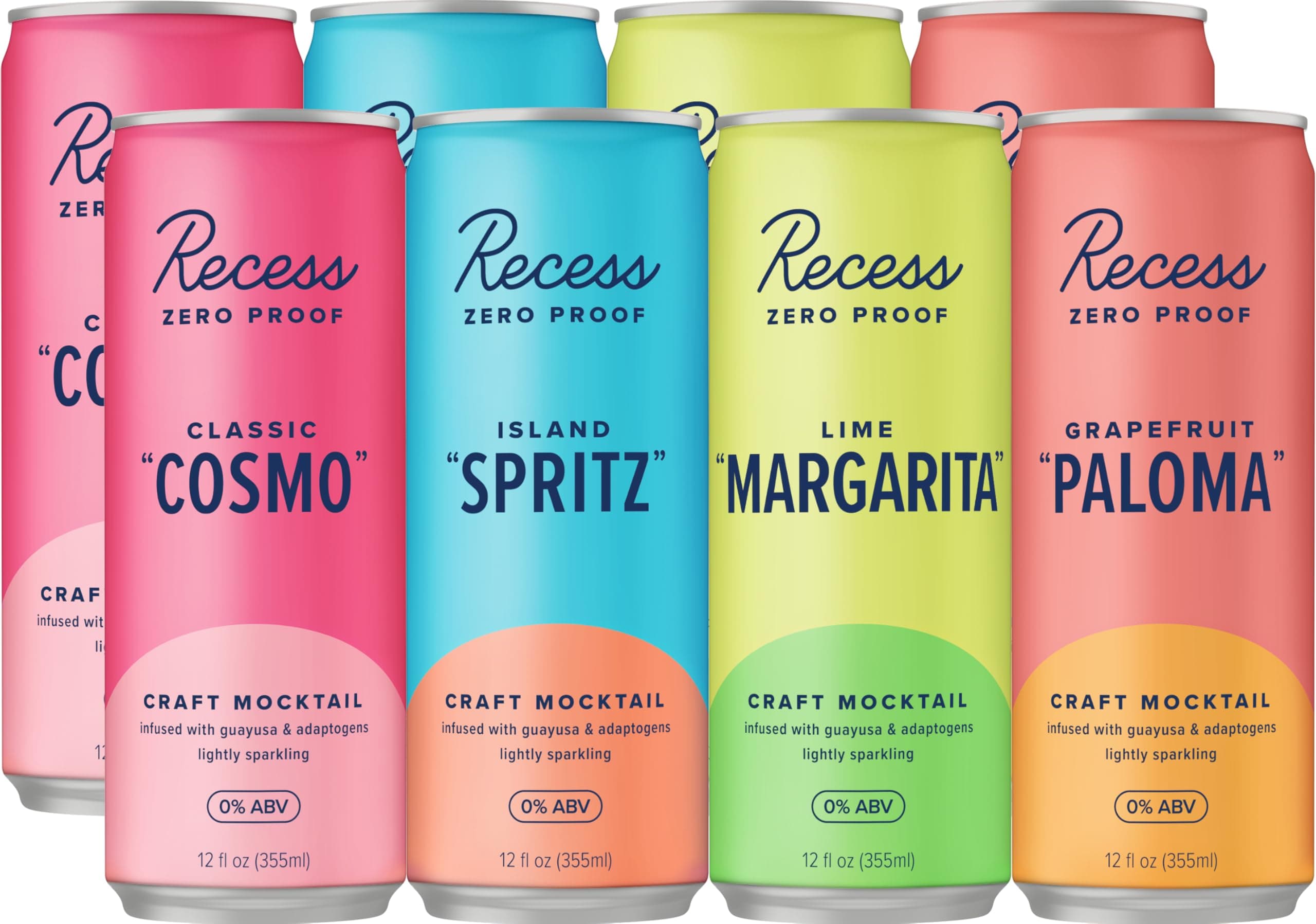 Recess Zero Proof Craft Mocktails, Alcohol Free Drinks, with Adaptogens, Non-Alcoholic Beverage Replacement, Mixer, Celebration, Party, (Happy Hour Sampler, 12oz, Pack of 12)