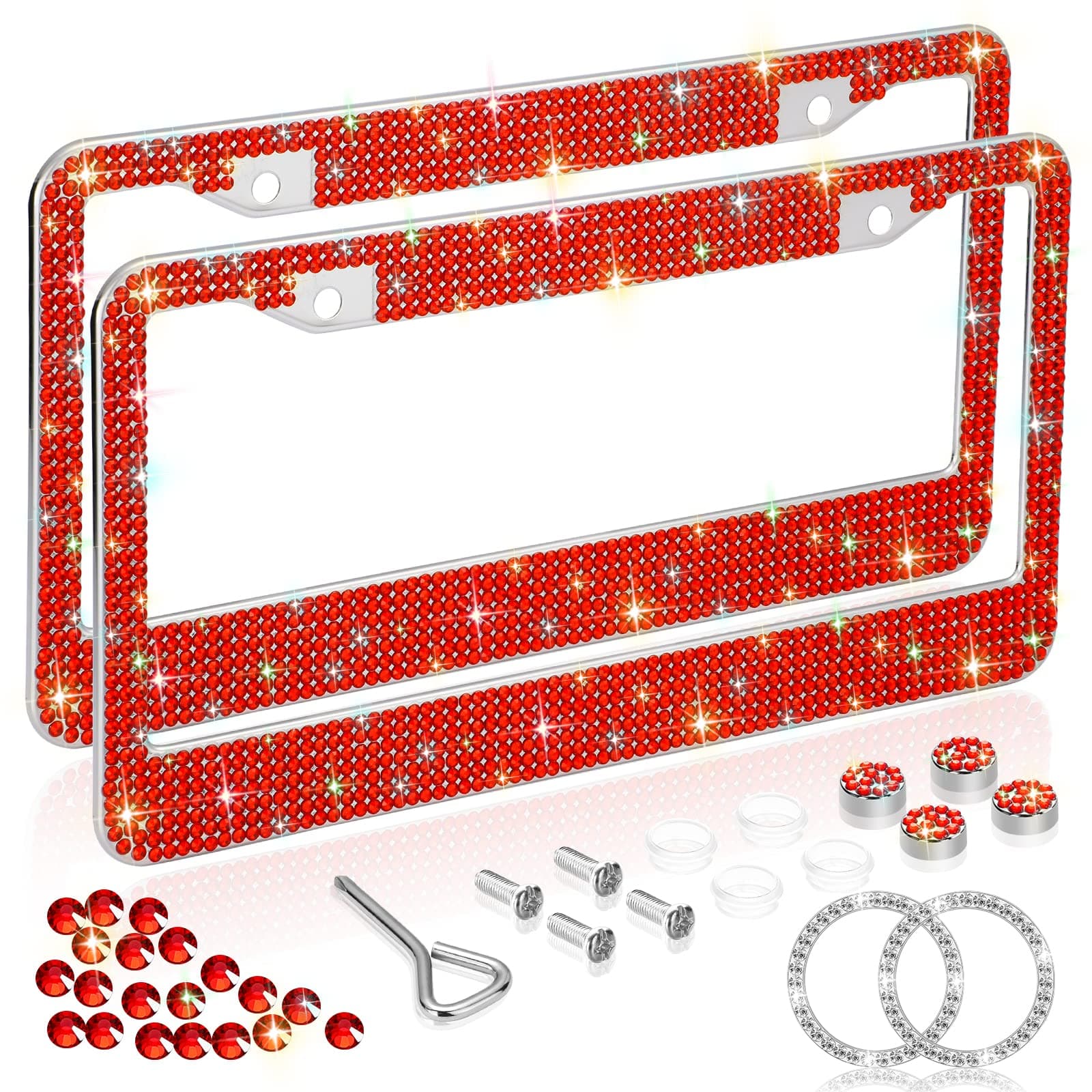 Bling License Plate Frames for Women 2 Pack, Rhinestone Crystal License Plate Cover with Bolts Washer Caps Univerasl Bling Car Accessories for Girls (Red)