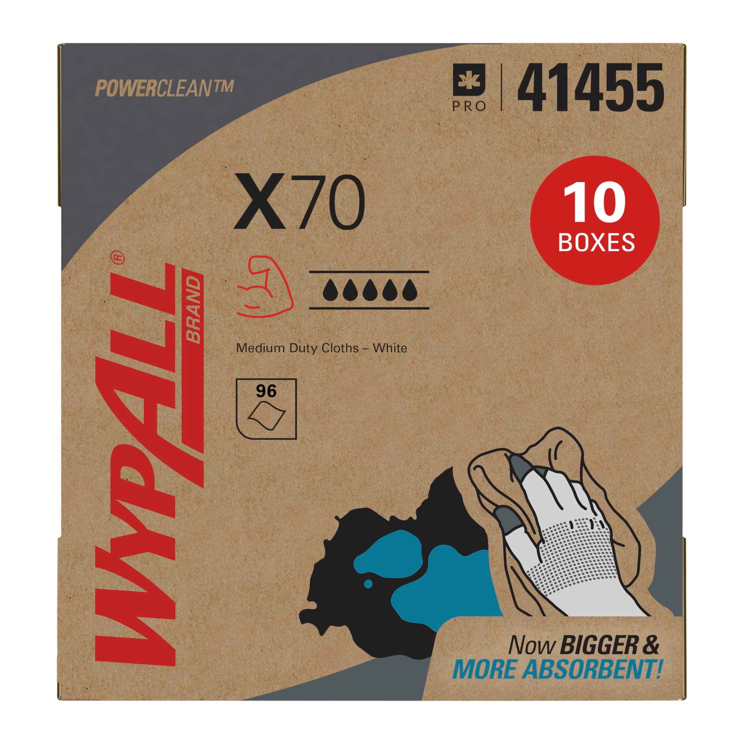 PowerClean X70 Cloths Medium Duty Wipes (41455), Pop-Up Box, Long Lasting Towels, White (10 Packs of 96 Sheets, 960 Sheet Total)