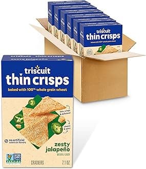 Triscuit Thin Crisps Zesty Jalapeno Whole Grain Wheat Crackers, Lunch Snacks, Bulk Snack Crackers, 6 - 7.1 oz Boxes