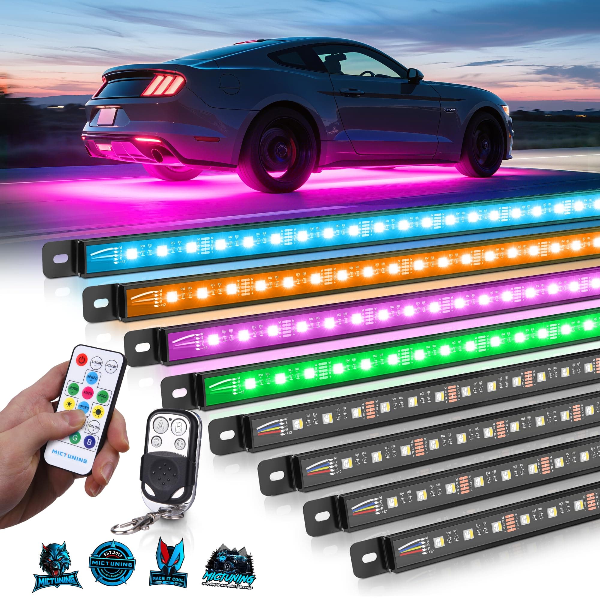 U8 RGBW Underglow LED Light Bars (8-Piece Kit) 888 Ultra-Bright LEDs, Dual Remotes, White+RGB Colors, IP68 Waterproof Aluminum Housing – for Cars, Trucks, SUVs, ATVs
