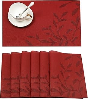 SHACOS Woven Vinyl Placemats Set of 8 Red Leaf Pattern Wipeable Place Mats for Dining Table Heat Resistant PVC Table Mats Indoor Outdoor (8, Leaf Red)