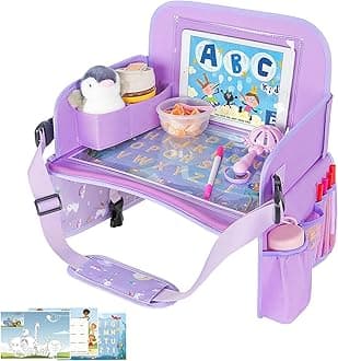 MENZOKE Car Seat Tray for Kids Travel, Car Seat Activity Trays with Educational Drawing Board，Tablet Holder & Cooler Cup Holder, Holiday Gifts for Kids Car Trip, Purple