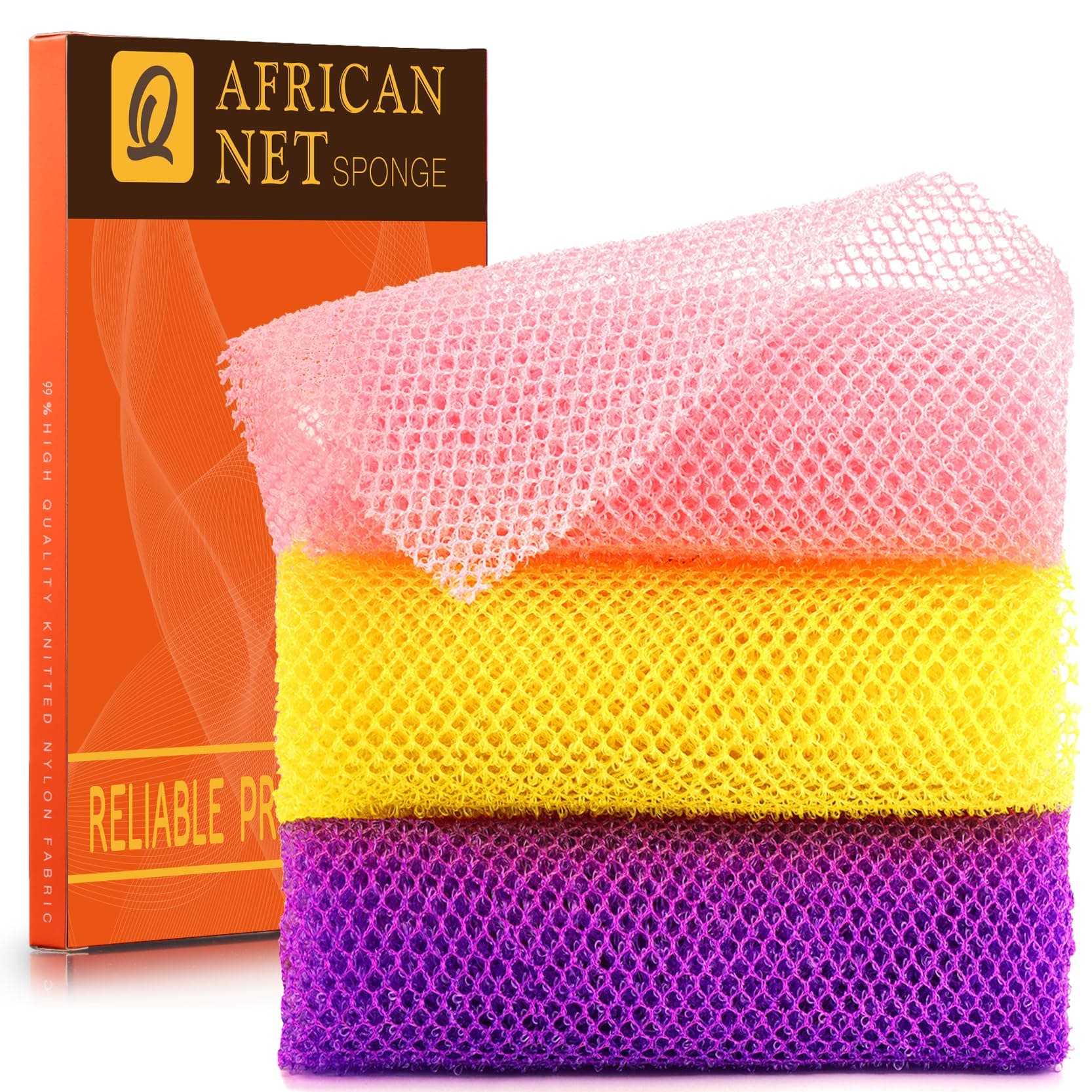 UJFQBH 3 Pieces African Bath Sponge African Net Long Net Bath Sponge Exfoliating Shower Body Scrubber Back Scrubber Skin Smoother,Great for Daily Use (Pink,Yellow,Purple)