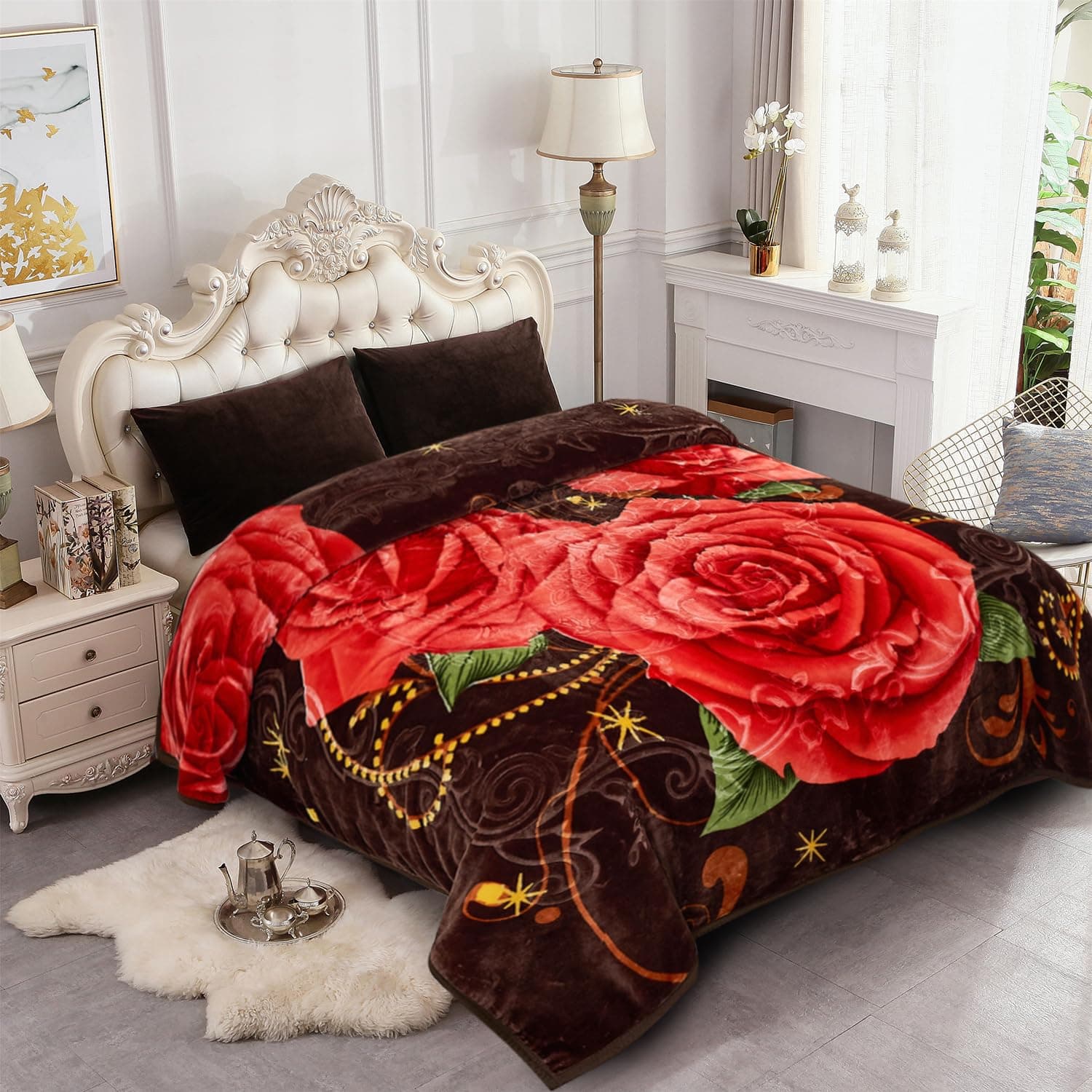 JYKKorean Mink Blanket Queen Size 75" x 87", 5 LB - 2 Ply Reversible 520GSM Silky Soft Plush Warm Fleece Blanket for Autumn Winter, Rose/Brown
