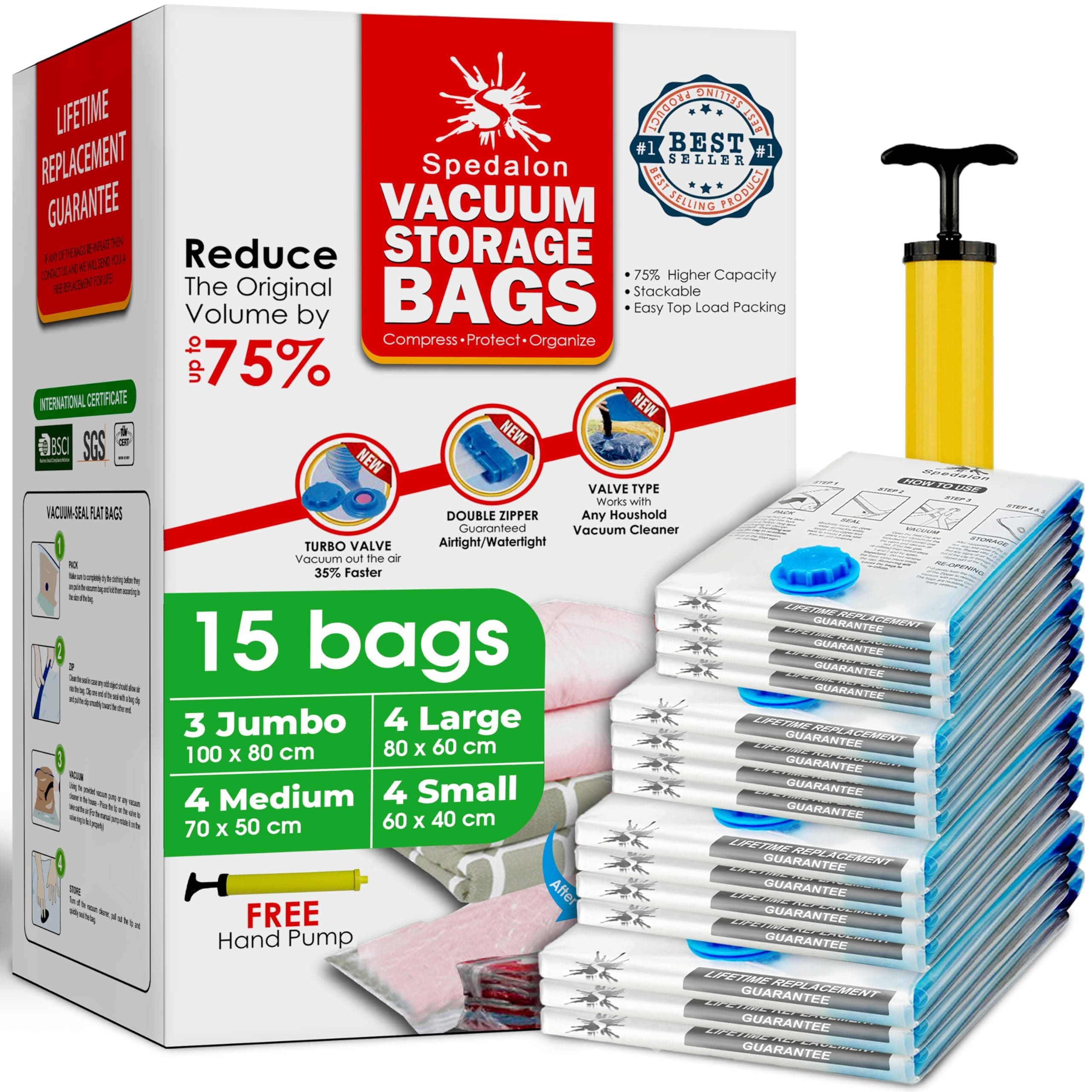 Vacuum Storage Bags - Pack of 15 (3 Jumbo + 4 Large + 4 Medium + 4 Small) ReUsable space savers with free Hand Pump for travel packing. Sealer Bags for Clothes, Duvets, Pillows, Blankets, Curtains