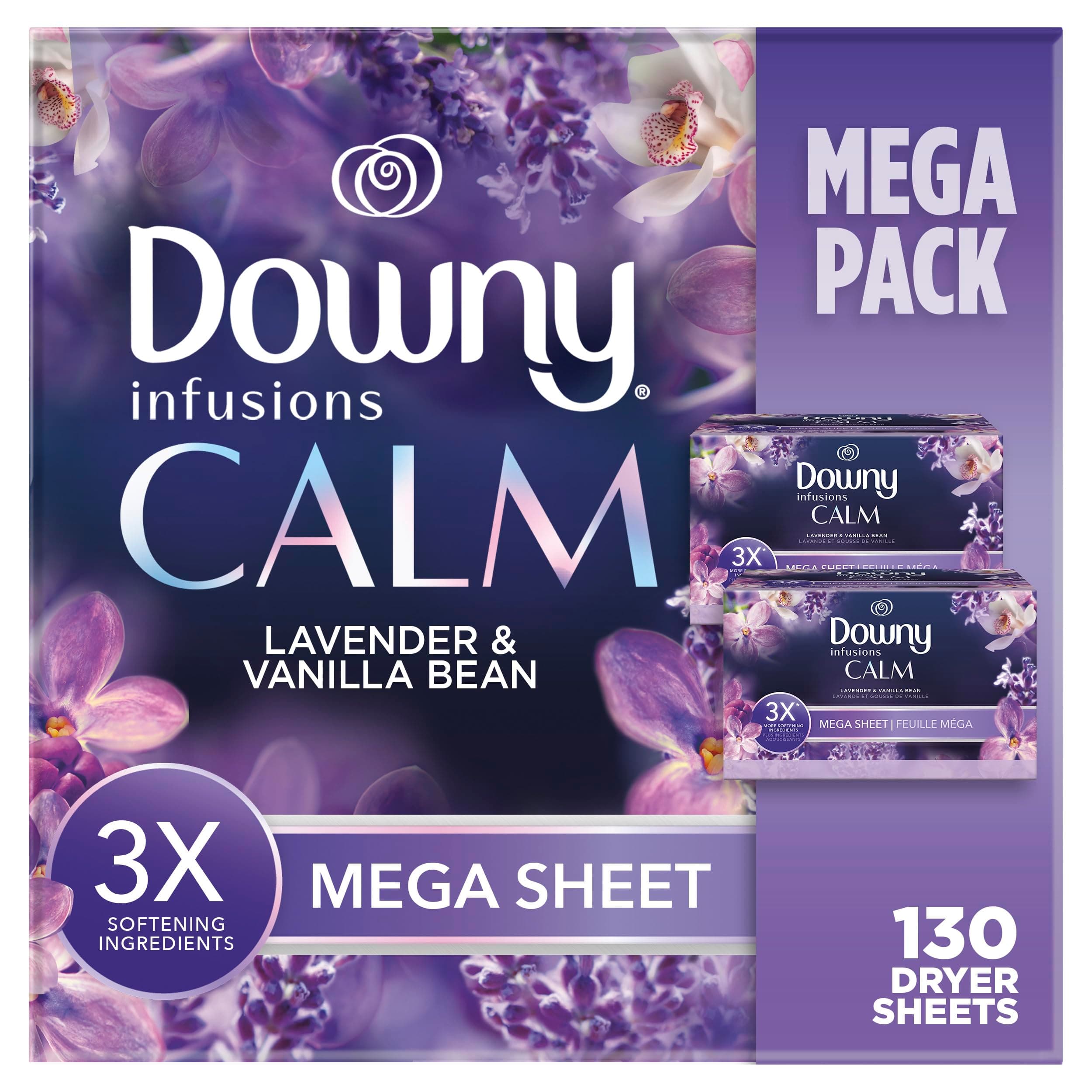 Infusions Mega Dryer Sheets, Laundry Fabric Softener, CALM, Lavender and Vanilla Bean, 130 Count