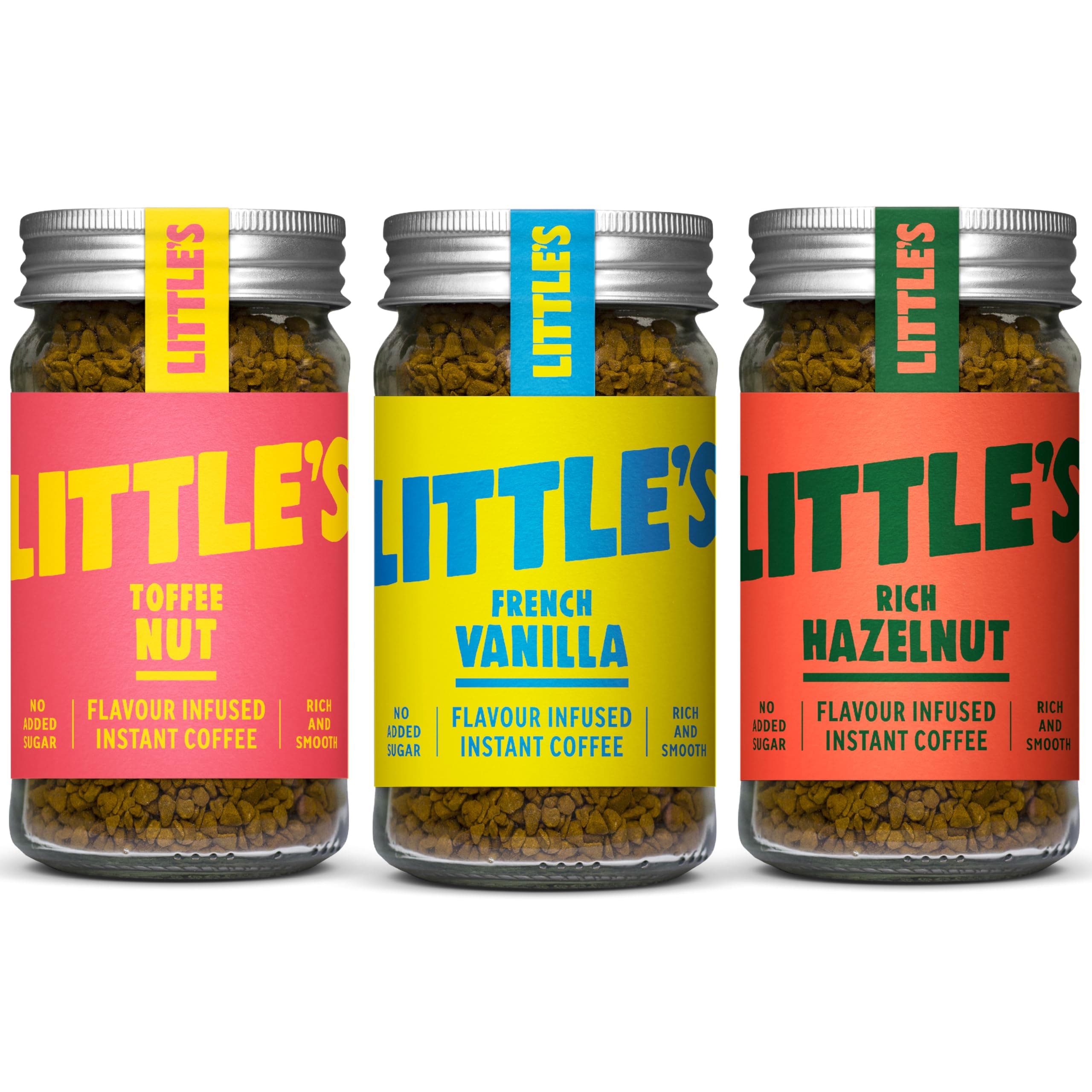 Little's Flavoured Instant Coffee Dragons Den Bundle, 3 Pack (50g x 3) - Flavours: Vanilla, Rich Hazelnut, Toffee Nut - Vegan Friendly, Low Calories, No Added Sugar