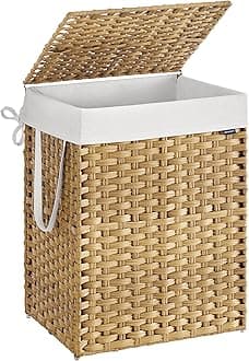 SONGMICS Laundry Hamper with Lid, 29.1 Gallon (110 L) Synthetic Rattan Clothes Laundry Basket with Lid and Handles, Foldable, Removable Liner, Goose Yellow ULCB152Y01
