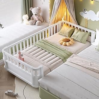 Bellemave Twin Size Montessori Bed with Fence and Slats, Twin Size Low Platform Bed Frame with Detachable Side Bed Rails and Rounded Corner Design, Easy Assemble Montessori Bed White