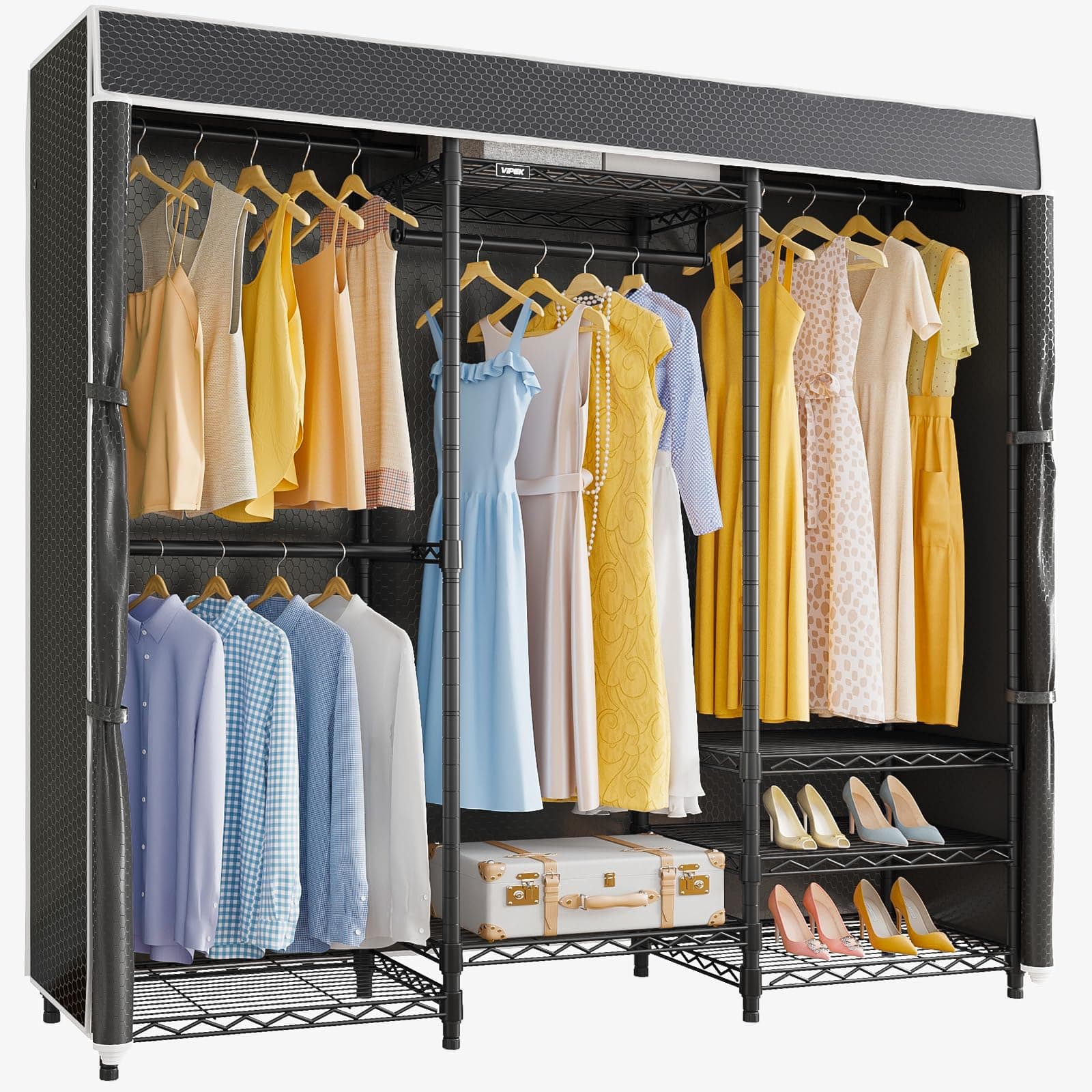 V5C Medium Covered Clothes Rack Heavy Duty Portable Closet Wardrobe, Freestanding Black Clothing Rack with Black Upgarded Polyester Cover, Adjustable Custom Closet Rack, 56.7" Lx15.7 Wx76.4 H