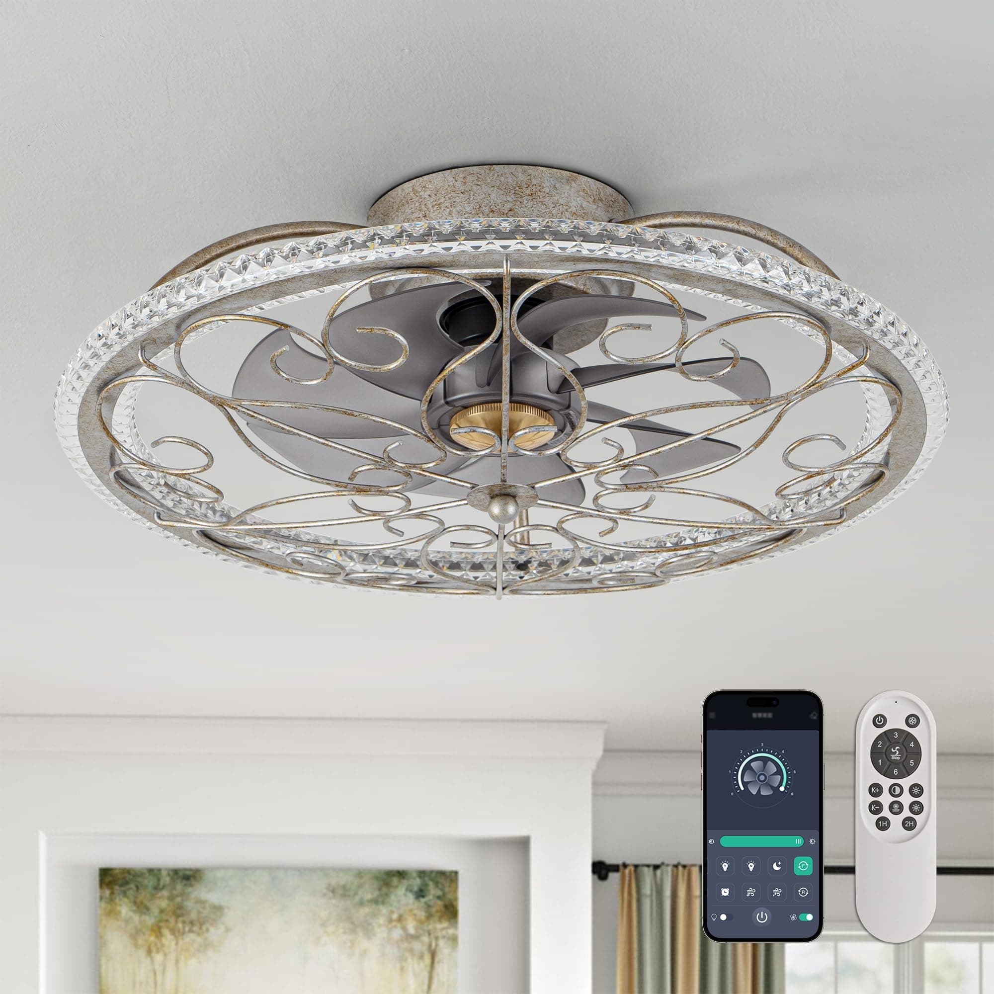 NORFOLK Low Profile Ceiling Fans with Lights and Remote, 20'' Flush Mount Lighting Fan, Smart Bladeless Caged Fandelier, 3 Colors Dimmable LED and 6 Speeds