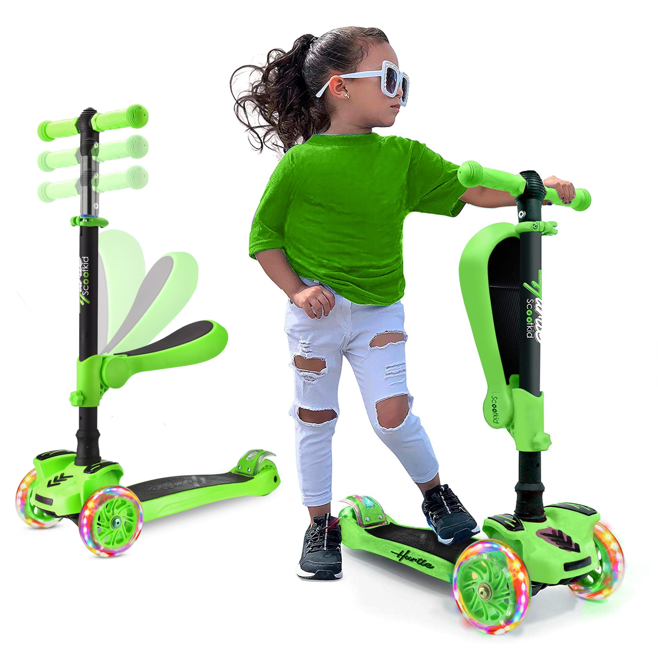 【Hurtle Hartor 3-Wheel Kick Scooter】 Kids' Foldable Kickboard, Toy for Children/Toddlers with Adjustable Height, Non-Slip Deck, Built-in LED Flashing Wheel Light, For Boys/Girls Aged 1 to 14, 【Comes