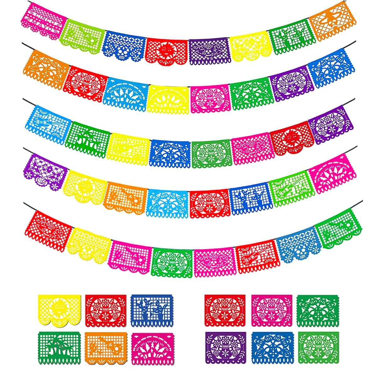 MINIBIRD 85 Ft Mexican Party Banners, 5 Pack Plastic Papel Picado, Rectangular Banners, 9 Colors, Perfect for Fiesta, Cinco de Mayo, Day of The Dead